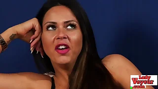 Lingerie babe humiliates masturbating loser